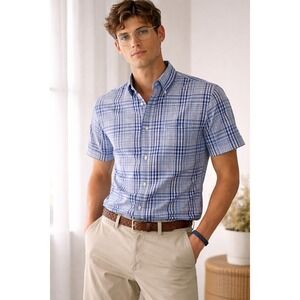 Ralph Lauren Blue White Plaid Seersucker Short Sleeve Button Down‎ Shirt Mens L